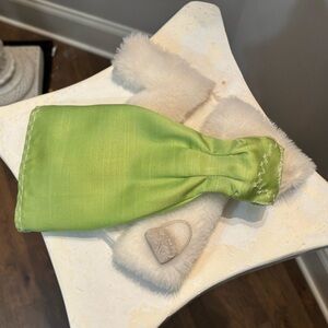 Vintage handmade barbie doll sage green dress, faux fur coat & purse